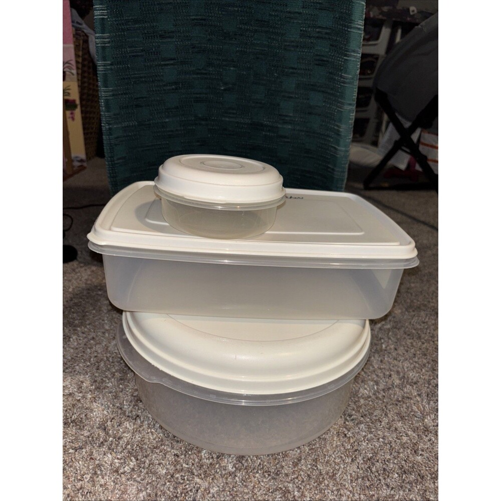 3 Vintage Rubbermaid BIG Servin’ Saver Set: 14 Oz. + 22 Cup + 17 Cup Almond Lids